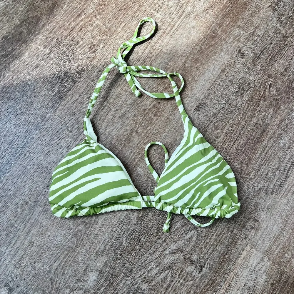 Envya Green and White Bikini Triangle Top Small